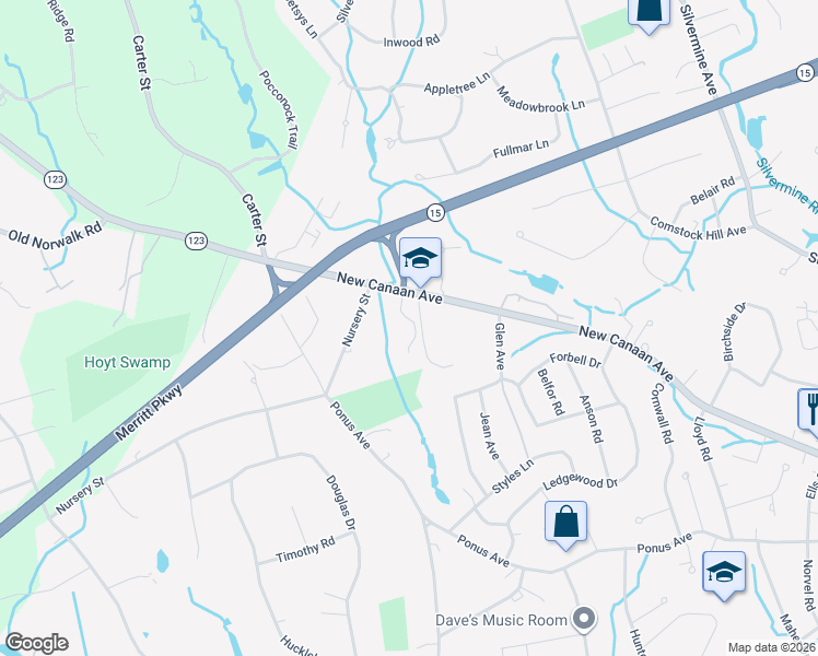 map of restaurants, bars, coffee shops, grocery stores, and more near 9 New Canaan Way in Norwalk