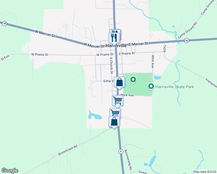 map of restaurants, bars, coffee shops, grocery stores, and more near 202 Walker Street in Harrisville