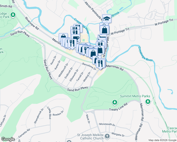 map of restaurants, bars, coffee shops, grocery stores, and more near 1203 Coral Drive in Akron