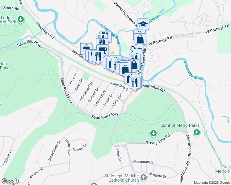 map of restaurants, bars, coffee shops, grocery stores, and more near 1099 Terrell Drive in Akron