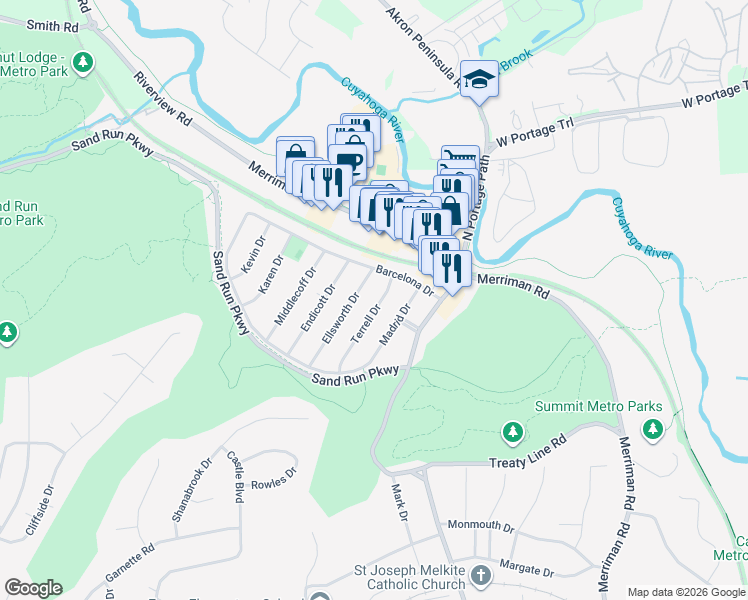 map of restaurants, bars, coffee shops, grocery stores, and more near 1099 Terrell Drive in Akron
