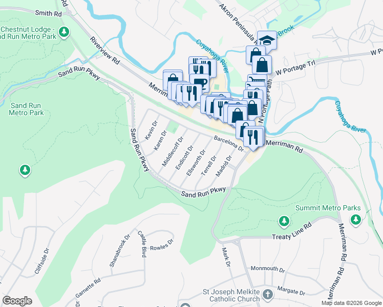map of restaurants, bars, coffee shops, grocery stores, and more near 1047 Ellsworth Drive in Akron