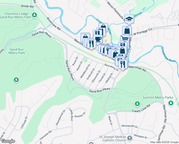 map of restaurants, bars, coffee shops, grocery stores, and more near 1024 Endicott Drive in Akron
