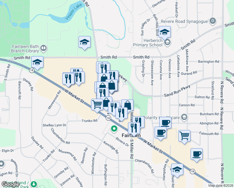 map of restaurants, bars, coffee shops, grocery stores, and more near 2735 Crawfis Boulevard in Fairlawn
