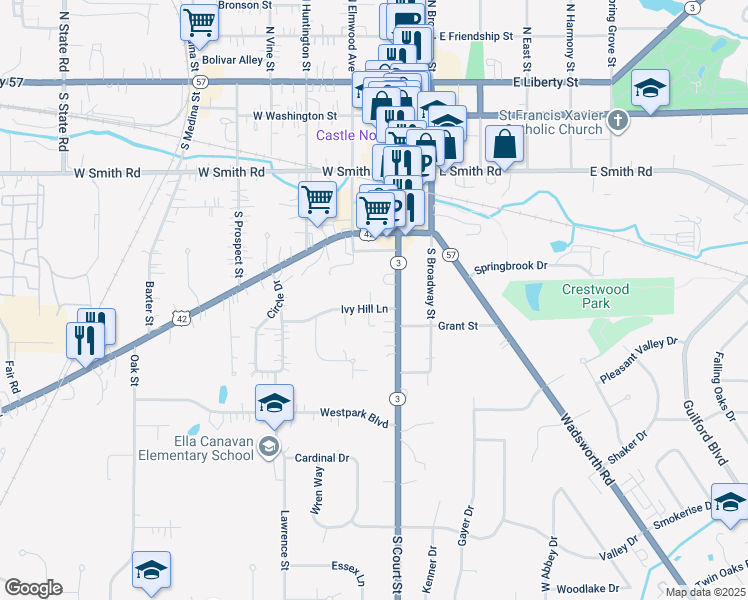 map of restaurants, bars, coffee shops, grocery stores, and more near 120 Ivy Hill Lane in Medina