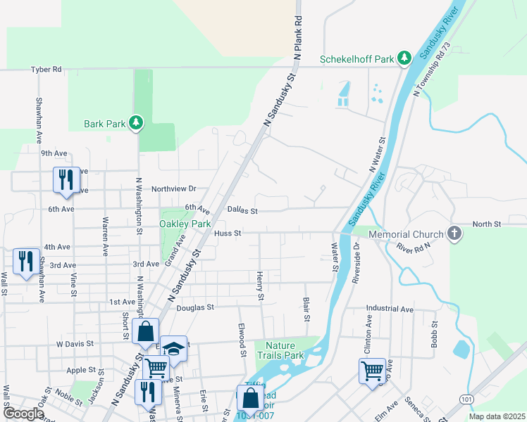 map of restaurants, bars, coffee shops, grocery stores, and more near 130 Huss Street in Tiffin