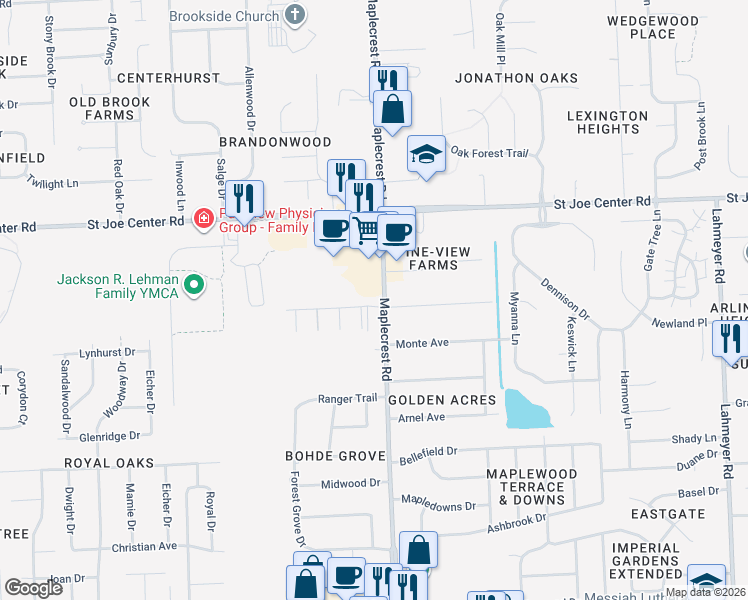 map of restaurants, bars, coffee shops, grocery stores, and more near 5436 Maplecrest Road in Fort Wayne