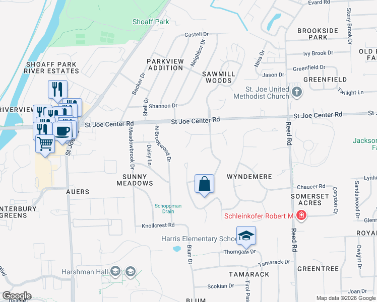 map of restaurants, bars, coffee shops, grocery stores, and more near 5537 Dyerbrook Court in Fort Wayne