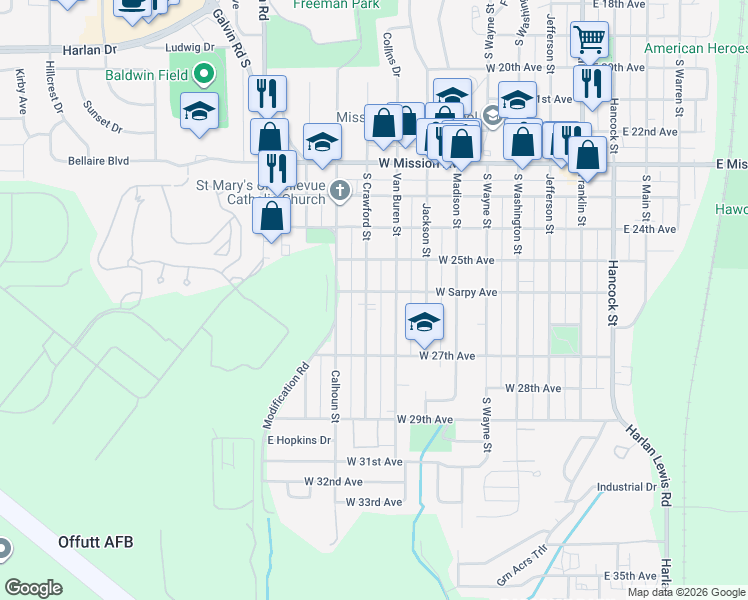 map of restaurants, bars, coffee shops, grocery stores, and more near 2531 South Crawford Street in Bellevue