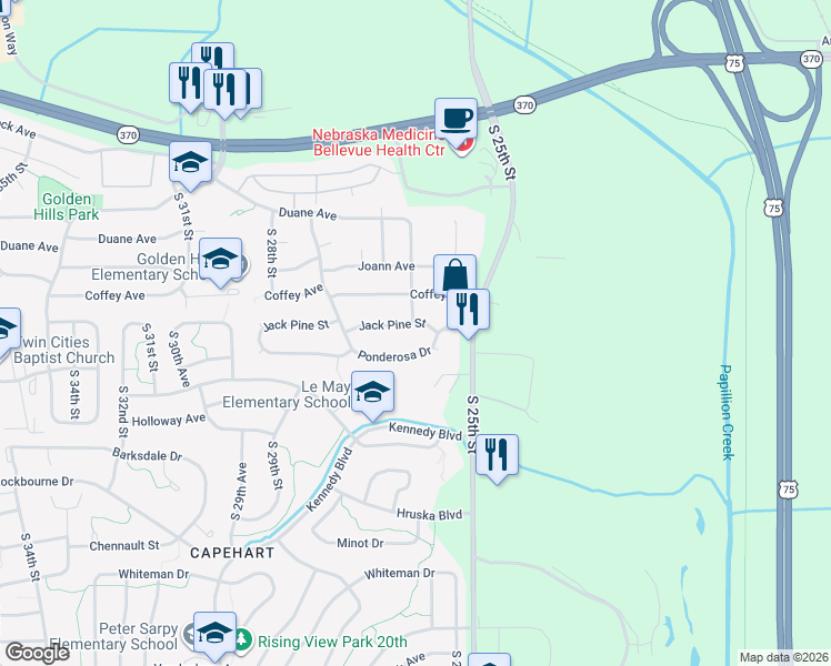 map of restaurants, bars, coffee shops, grocery stores, and more near 2511 Ponderosa Drive in Bellevue