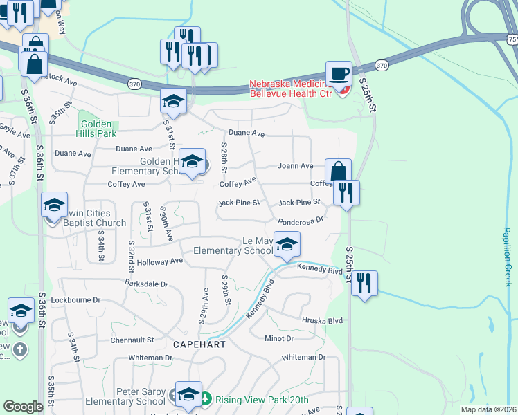 map of restaurants, bars, coffee shops, grocery stores, and more near 2807 Ponderosa Drive in Bellevue