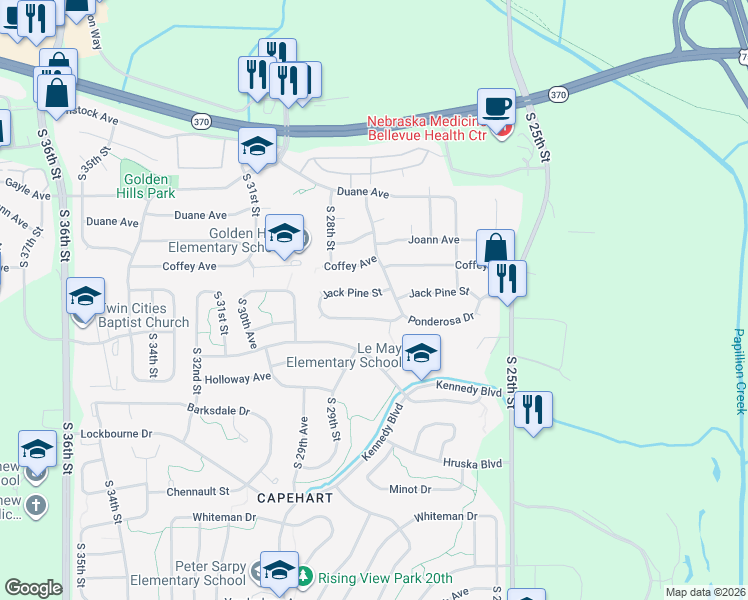 map of restaurants, bars, coffee shops, grocery stores, and more near 2807 Ponderosa Drive in Bellevue