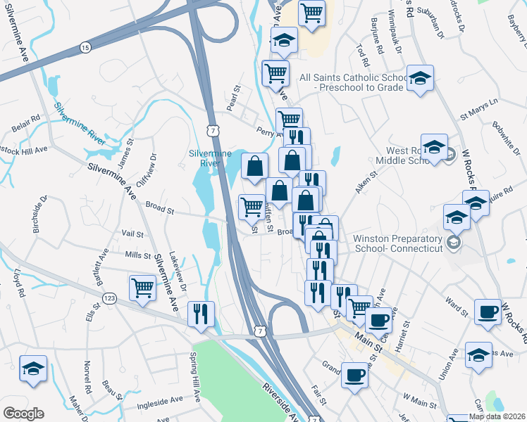map of restaurants, bars, coffee shops, grocery stores, and more near 3 Sniffen Street in Norwalk