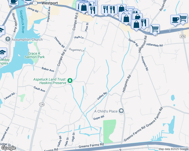 map of restaurants, bars, coffee shops, grocery stores, and more near 29 Dogwood Lane in Westport