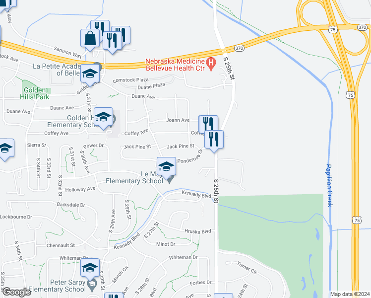 map of restaurants, bars, coffee shops, grocery stores, and more near 2603 Jack Pine Street in Bellevue