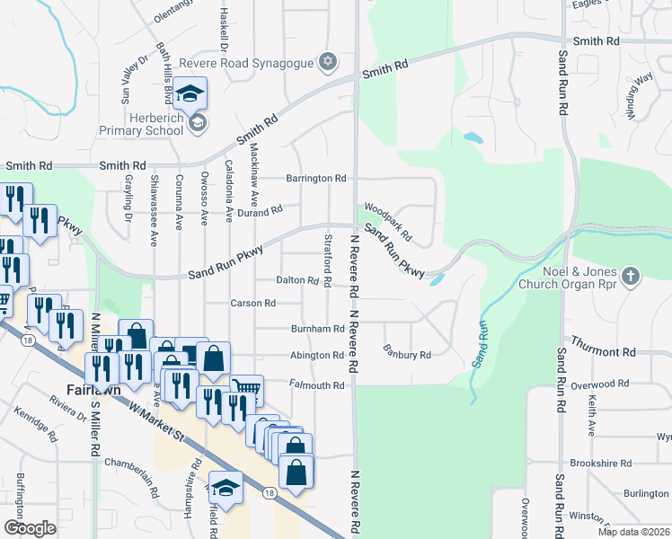map of restaurants, bars, coffee shops, grocery stores, and more near 315 Stratford Road in Fairlawn