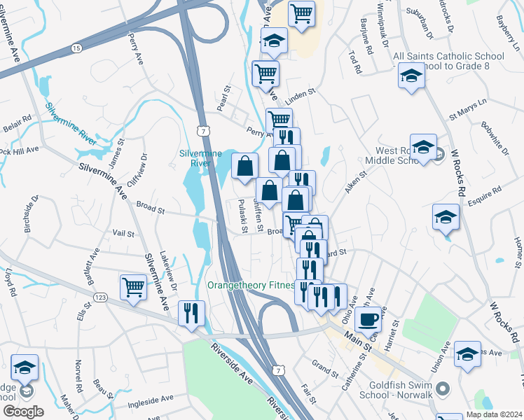 map of restaurants, bars, coffee shops, grocery stores, and more near 16 Sniffen Street in Norwalk
