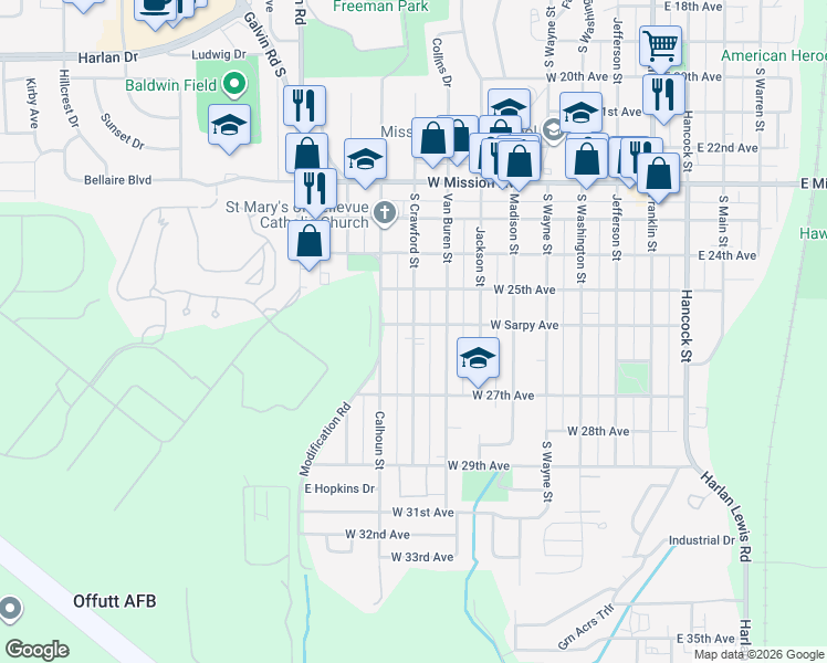 map of restaurants, bars, coffee shops, grocery stores, and more near 2531 South Crawford Street in Bellevue