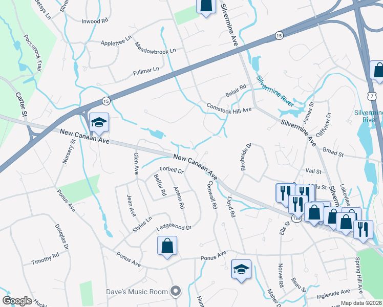 map of restaurants, bars, coffee shops, grocery stores, and more near 211 New Canaan Avenue in Norwalk