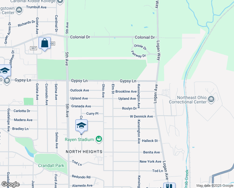 map of restaurants, bars, coffee shops, grocery stores, and more near 171 Upland Avenue in Youngstown