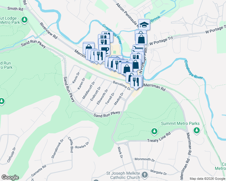 map of restaurants, bars, coffee shops, grocery stores, and more near 1099 Terrell Drive in Akron