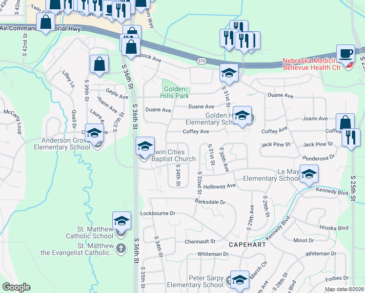 map of restaurants, bars, coffee shops, grocery stores, and more near 11817 South 34th Street in Bellevue