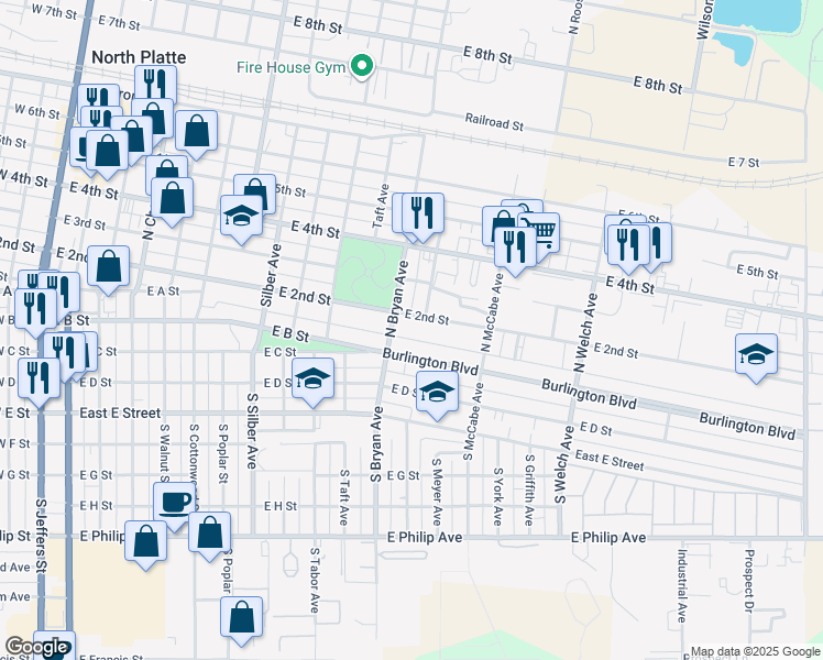 map of restaurants, bars, coffee shops, grocery stores, and more near 1301 Burlington Boulevard in North Platte