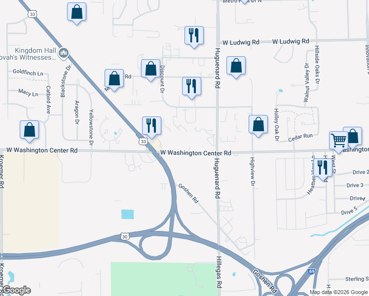 map of restaurants, bars, coffee shops, grocery stores, and more near 4004 West Washington Center Road in Fort Wayne