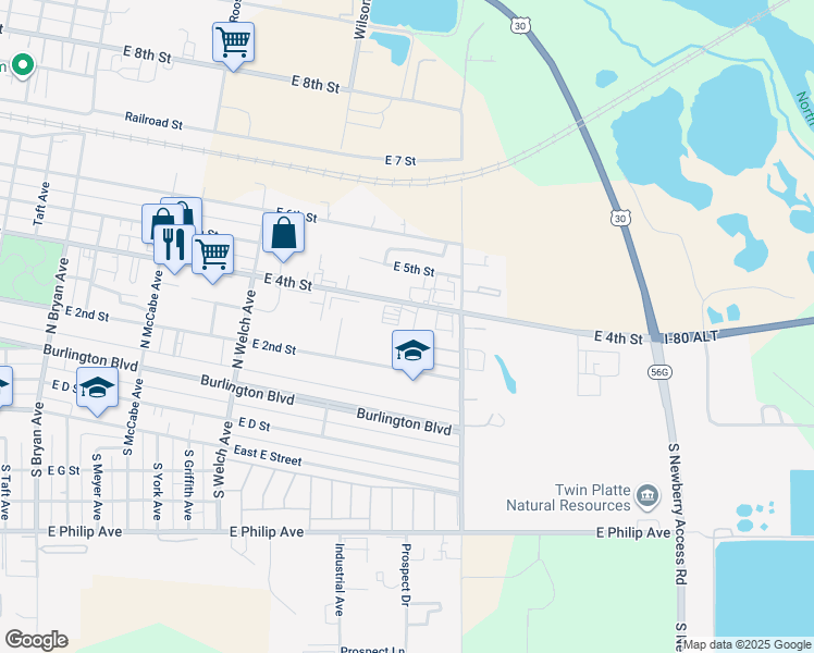 map of restaurants, bars, coffee shops, grocery stores, and more near 2302 East 4th Street in North Platte