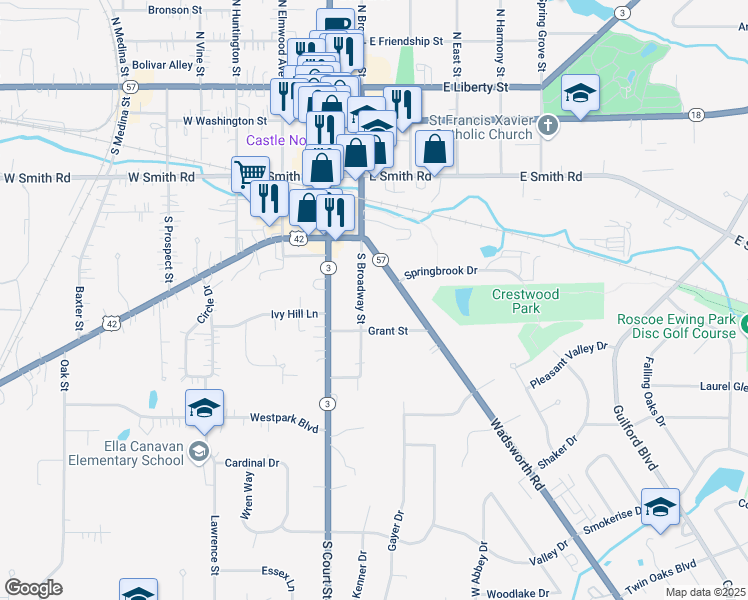 map of restaurants, bars, coffee shops, grocery stores, and more near 544 South Broadway Street in Medina