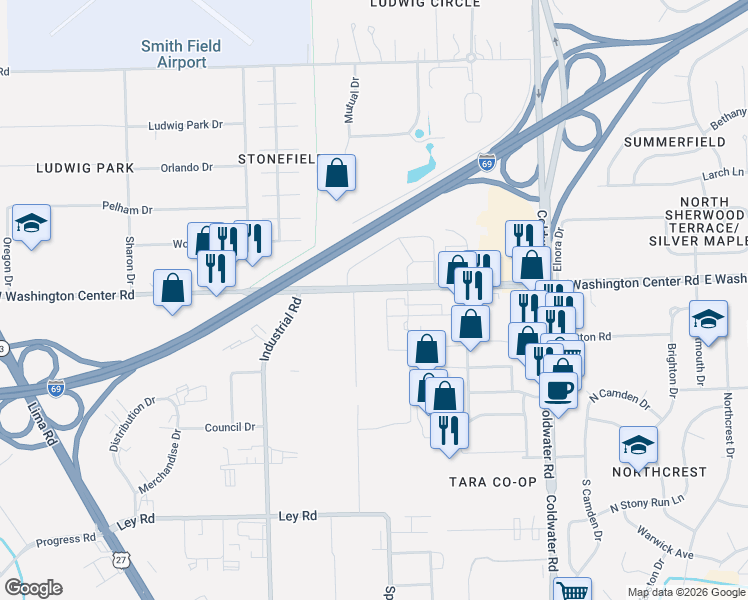map of restaurants, bars, coffee shops, grocery stores, and more near 326 West Washington Center Road in Fort Wayne