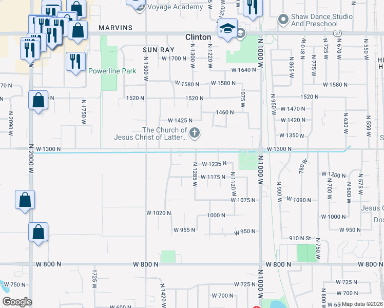 map of restaurants, bars, coffee shops, grocery stores, and more near 1332 West 1300 North in Clinton