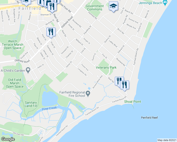 map of restaurants, bars, coffee shops, grocery stores, and more near 65 Forest Avenue in Fairfield