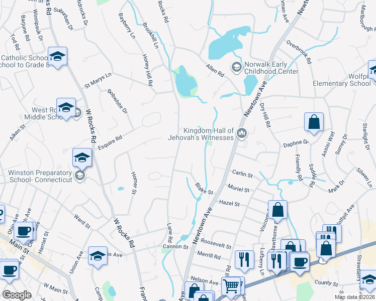 map of restaurants, bars, coffee shops, grocery stores, and more near in Norwalk