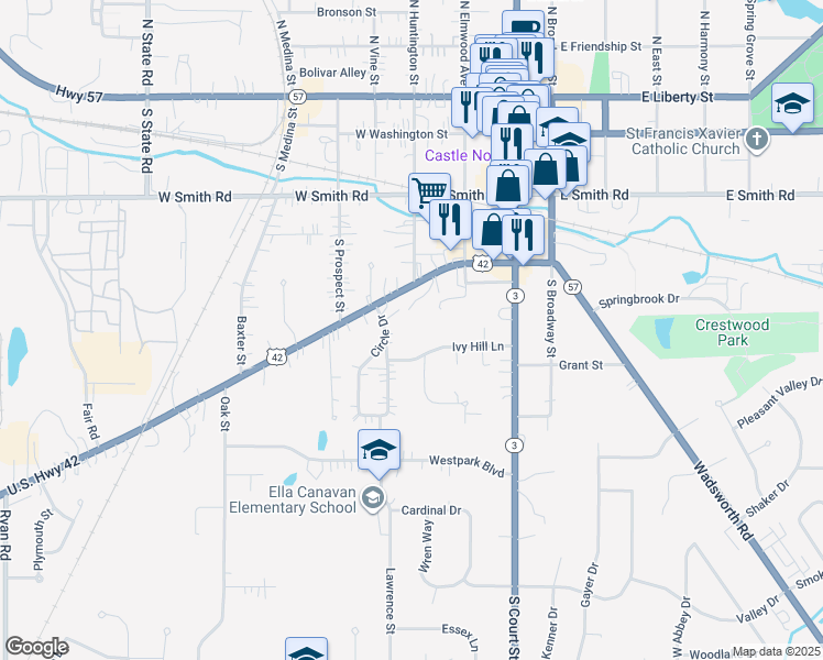 map of restaurants, bars, coffee shops, grocery stores, and more near 330 Lafayette Road in Medina
