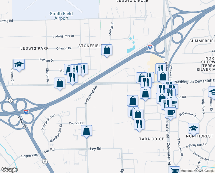map of restaurants, bars, coffee shops, grocery stores, and more near 362-384 W Washington Center Rd in Fort Wayne