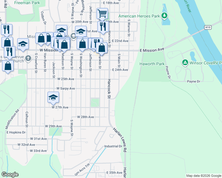 map of restaurants, bars, coffee shops, grocery stores, and more near 2503 Hancock Street in Bellevue