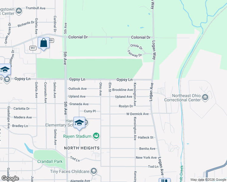 map of restaurants, bars, coffee shops, grocery stores, and more near 133 Gypsy Lane in Youngstown