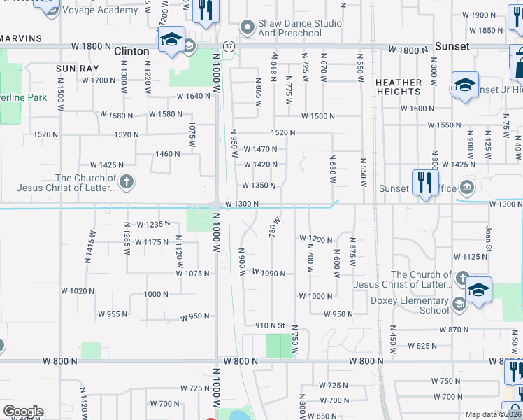 map of restaurants, bars, coffee shops, grocery stores, and more near 1284 North 900 West in Clinton