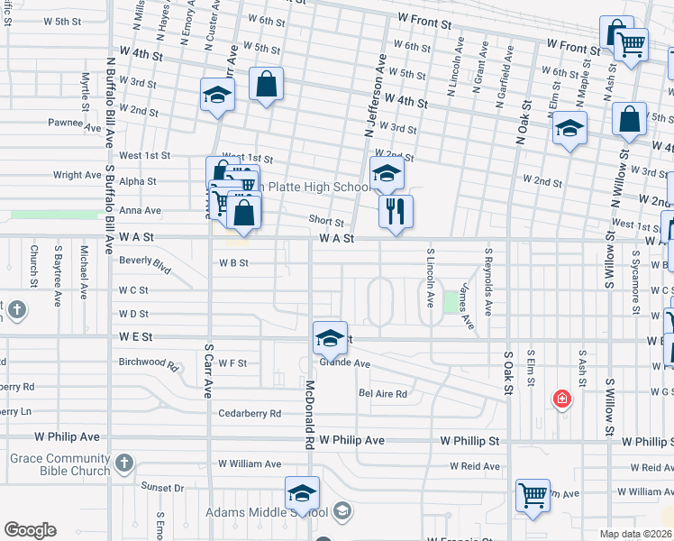 map of restaurants, bars, coffee shops, grocery stores, and more near 210 South Jefferson Avenue in North Platte