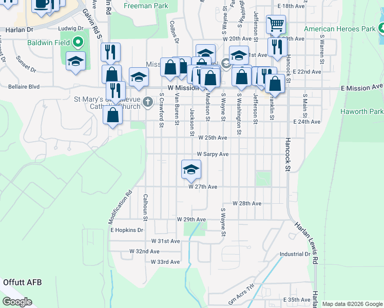 map of restaurants, bars, coffee shops, grocery stores, and more near Jackson Street in Bellevue