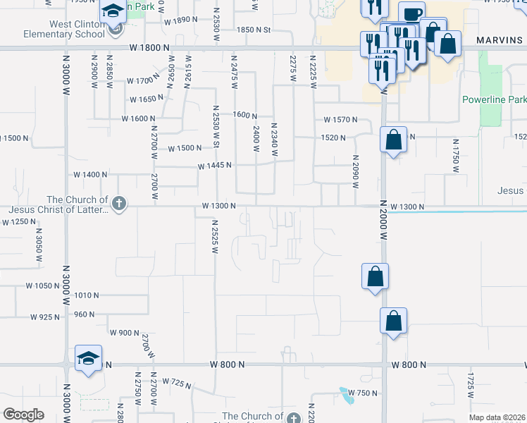 map of restaurants, bars, coffee shops, grocery stores, and more near 2371 West 1300 North in Clinton