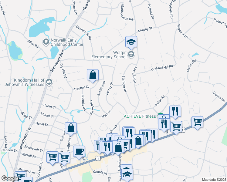 map of restaurants, bars, coffee shops, grocery stores, and more near 20 Surrey Drive in Norwalk