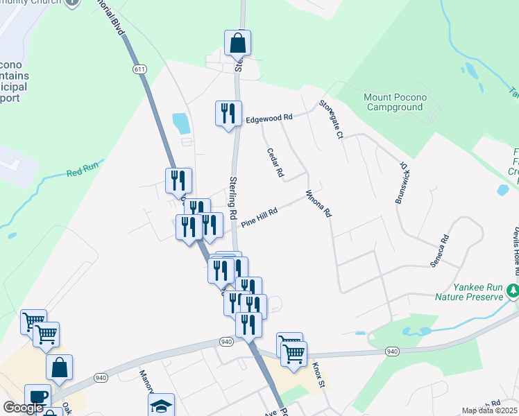 map of restaurants, bars, coffee shops, grocery stores, and more near 46 Pine Hill Road in Mount Pocono