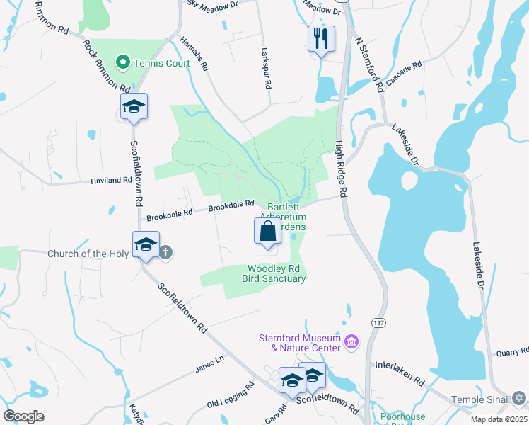 map of restaurants, bars, coffee shops, grocery stores, and more near 216 Brookdale Road in Stamford