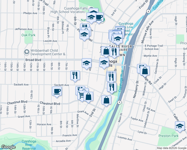 map of restaurants, bars, coffee shops, grocery stores, and more near 320 Falls Avenue in Cuyahoga Falls