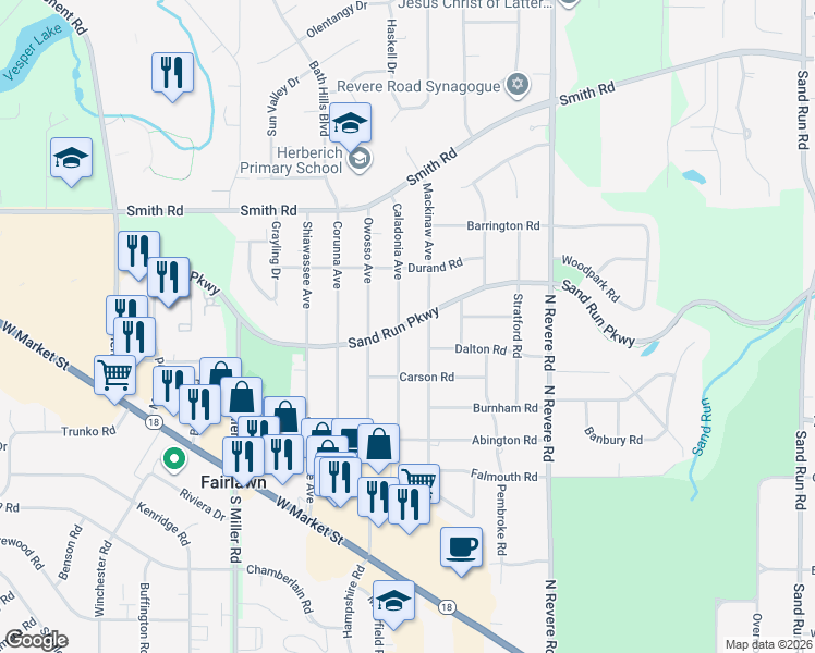 map of restaurants, bars, coffee shops, grocery stores, and more near 2595 Sand Run Parkway in Fairlawn