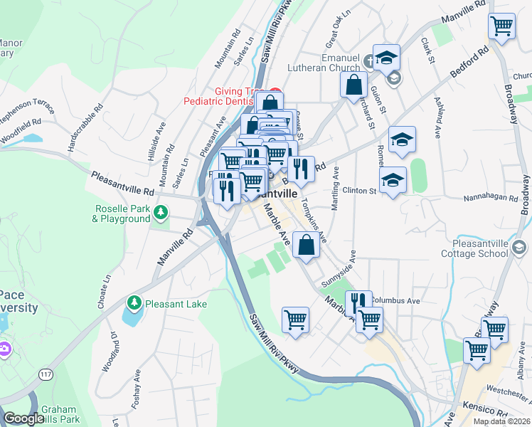 map of restaurants, bars, coffee shops, grocery stores, and more near 14 Marble Avenue in Pleasantville