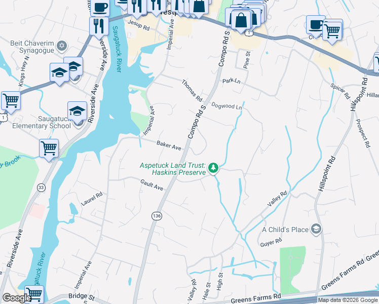 map of restaurants, bars, coffee shops, grocery stores, and more near 109 Compo Road South in Westport