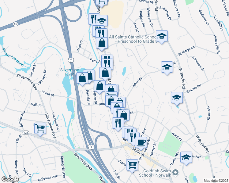map of restaurants, bars, coffee shops, grocery stores, and more near 272 Main Avenue in Norwalk
